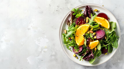 The image shows a plate of a healthy salad consisting of beets, oranges, arugula, and greens. The salad is topped with pistachios and almonds, adding texture and flavor variety