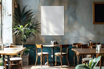 Modern Cafe Interior with Blank Art Canvas on Wall