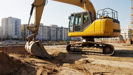 Fototapeta premium An excavator carries out excavation work among houses in the city