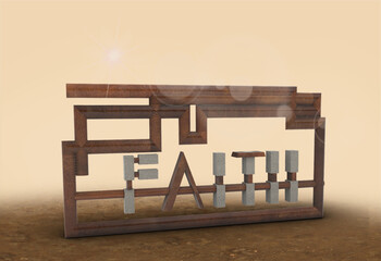 The word "FAITH" is creatively constructed using geometric shapes and metallic material