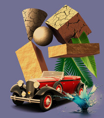 Vintage car with textured 3d shapes