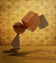 Abstract Wood Sculpture made of 3d shapes