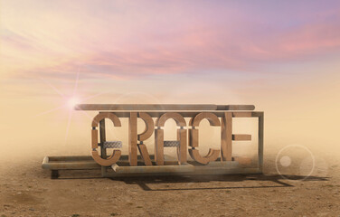 3d Typography Word Grace Made Of Metal And Wood