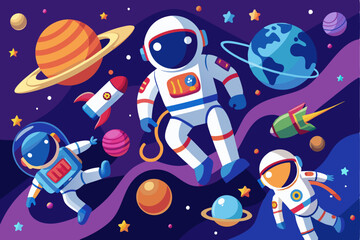 Naklejka premium Astronauts Floating in Space with Planets and Stars