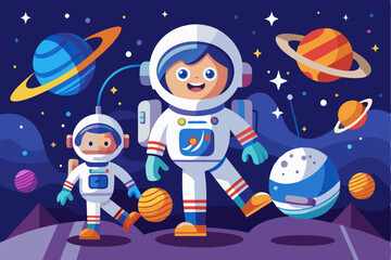 Naklejka premium Two Astronauts Playing With Planets In Space