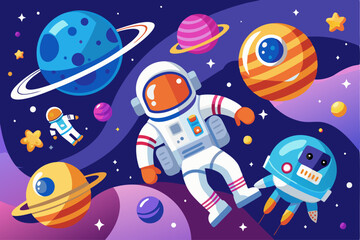 Naklejka premium Astronaut Floating in Space with Planets and Stars