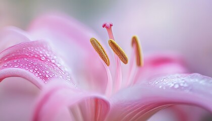 Pink Lily Flower with Dew Drops Close Up