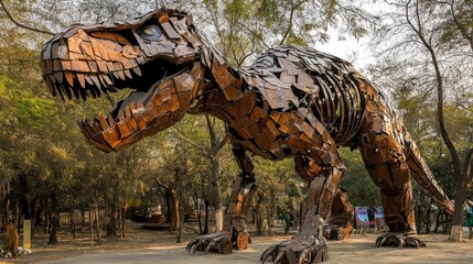 A Large Rusty Metal Dinosaur Sculpture in a Forest Setting