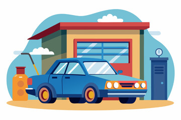 Fototapeta premium Blue Car Parked in Front of Garage with Yellow Tank
