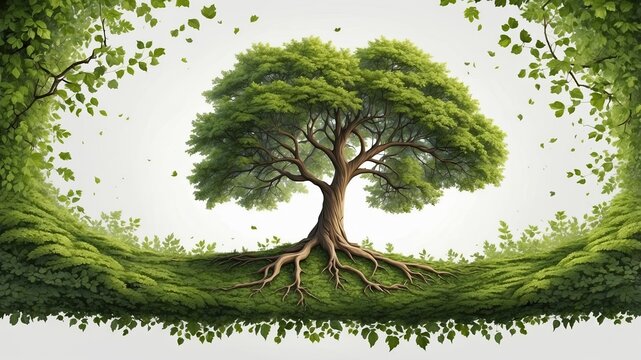 arge tree with green leaves stands alone on a white background