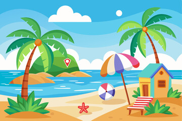 Obraz premium Tropical Beach Scene with Palm Trees, Beach House, and Umbrella