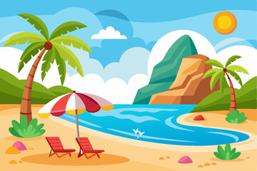 Obraz premium Tropical Beach with Palm Trees, Umbrella, and Loungers