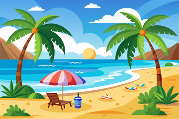 Tropical Beach Scene with Palm Trees, Umbrella, and Chair