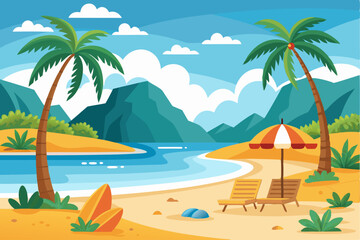 Obraz premium Tropical Beach Scene with Palm Trees, Lounge Chairs, and an Umbrella