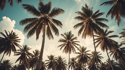 Fototapeta premium Coconut palm tree under blue sky. Vintage background