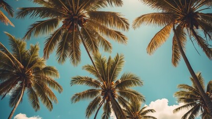 Coconut palm tree under blue sky. Vintage background