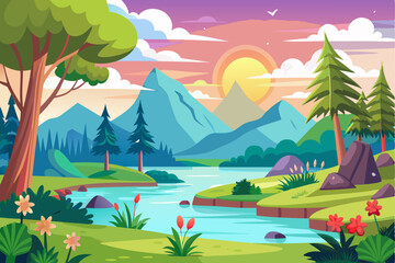 Fototapeta premium Serene Landscape with Winding River and Mountain Range at Sunset