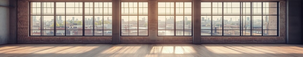 Fototapeta premium Ethereal Urban Retreat: Spacious Loft with Floor-to-Ceiling Windows and Wood Floors Overlooking the Cityscape