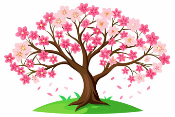 Blooming Pink Cherry Tree with Falling Petals on Green Grass