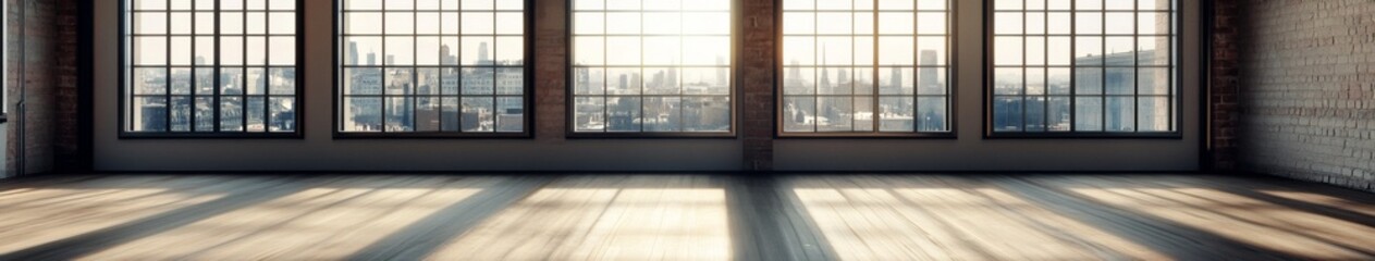Fototapeta premium Ethereal Urban Retreat: Spacious Loft with Floor-to-Ceiling Windows and Wood Floors Overlooking the Cityscape