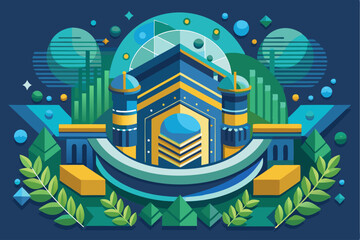 Geometric Illustration of a Blue and Gold Building with Green Foliage
