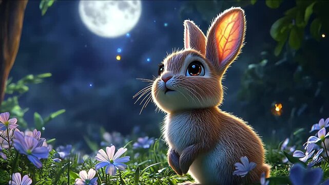3d rendering of fireflies and rabbit on the grass