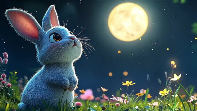 3d rendering of fireflies and rabbit on the grass