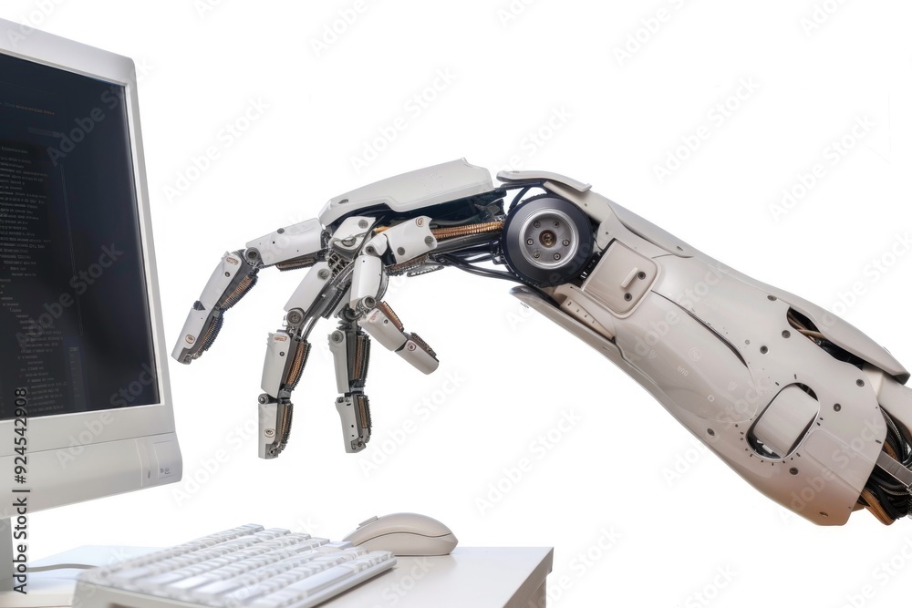 Aufkleber Close-up shot of a robotic hand holding a computer keyboard and mouse