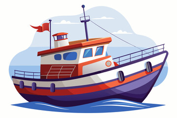 Fototapeta premium Red and Blue Fishing Boat Sailing on Blue Ocean