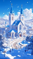 Obraz premium Enchanting Winter Wonderland: Anime-Style Aerial View of Sacred Church in Snowy Landscape. Dreamy Cartoon Scene with Falling Snowflakes, Perfect for Creative Marketing, Book Covers, and Game Design. 2
