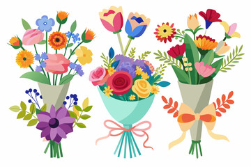 Three Colorful Flower Bouquets with Different Flowers and Ribbons