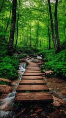Obraz premium A wooden bridge crosses a clear stream, surrounded by vibrant green trees on a sunny day
