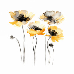 A stylish watercolor illustration of poppy flowers in shades of yellow and monochrome, showcasing minimalist beauty.