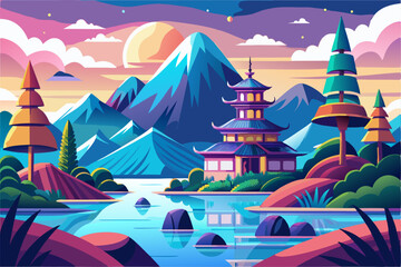 A  serene  Japanese  temple  surrounded  by  mountains  and  a  river