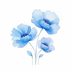 A serene watercolor illustration featuring poppy flowers in shades of blue, capturing the calmness and elegance of nature.