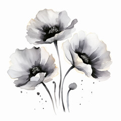 A minimalist watercolor illustration of poppy flowers in grayscale, highlighting their delicate form and timeless beauty.