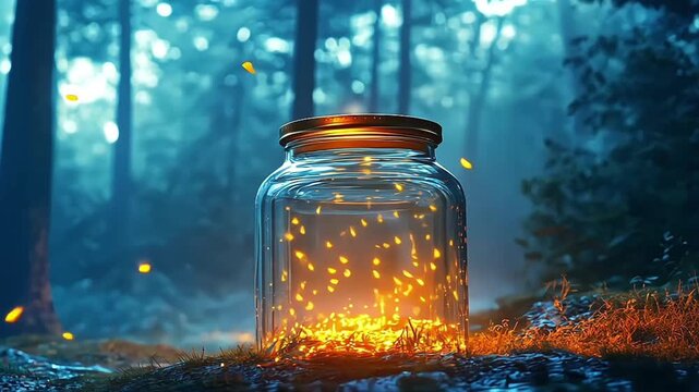 A glass jar filled with twisting glowing fireflies digital illustration with smooth gradients light emanating from the fireflies themselves yellowgreen glows against a deep blue twilight