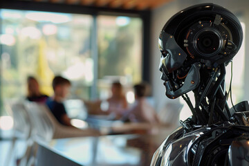 A modern robot designed as a family assistant stands in a living room, family members eating in the background. Robotics integration into everyday life.
