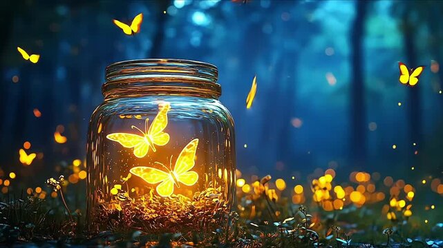 A glass jar filled with twisting glowing fireflies digital illustration with smooth gradients light emanating from the fireflies themselves yellowgreen glows against a deep blue twilight