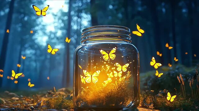 A glass jar filled with twisting glowing fireflies digital illustration with smooth gradients light emanating from the fireflies themselves yellowgreen glows against a deep blue twilight