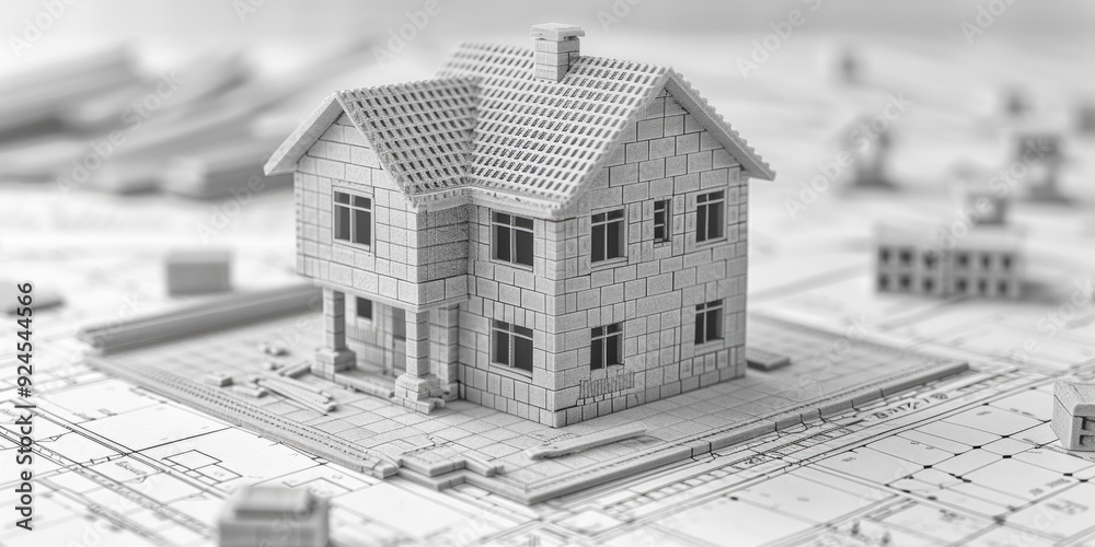 Aufkleber a house model sits atop a detailed blueprint, ideal for architecture and design concepts