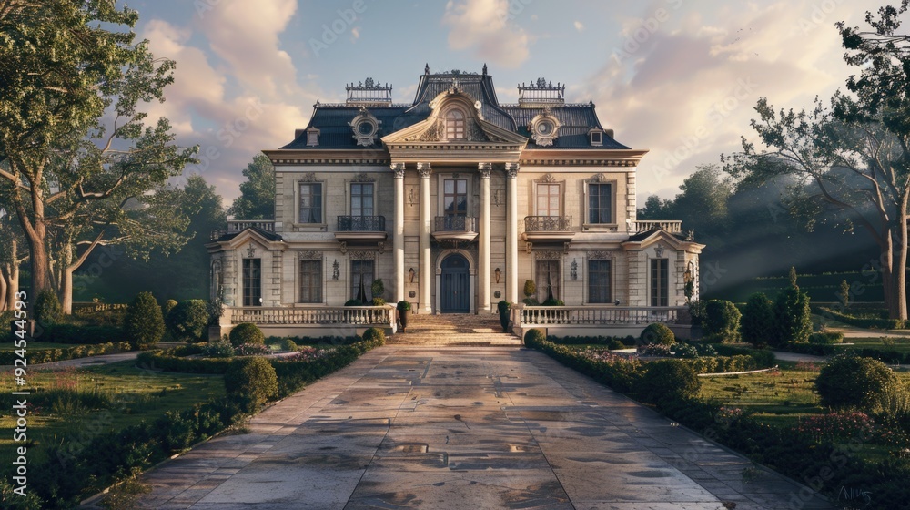 Poster a beautiful white house with many windows, suitable for use in interior design or architecture image