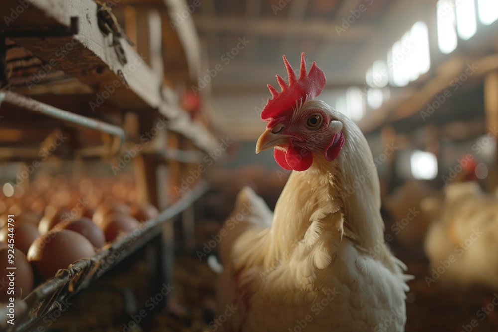 Poster a single white chicken stands in a barn, its distinctive red comb visible