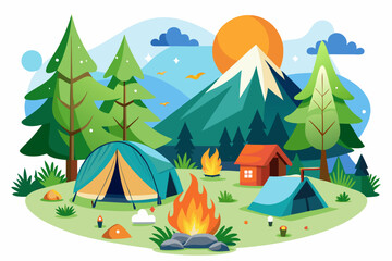 Camping Under a Sunny Sky with a Mountain View