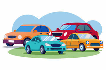 Fototapeta premium Four Cars Parked on Green Grass with a Blue Sky Background