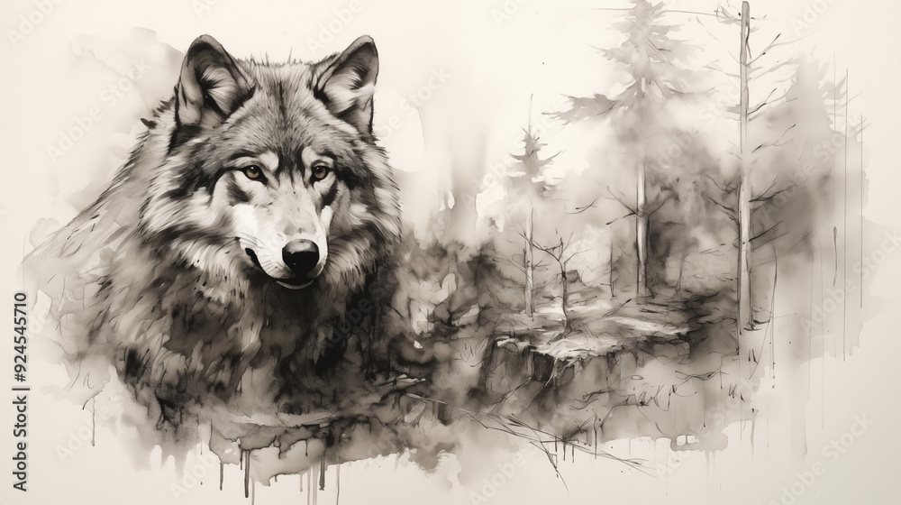 Wall mural wolf in the forest with mountain drawing, Wolf pencil drawing vintage.