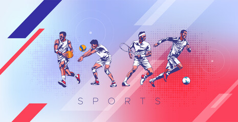 sport background, national sports day celebration concept, with abstract geometric ornament and illustration of sports athlete football player, badminton, basketball, baseball, tennis, volleyball © N-Focus 5