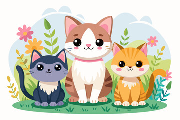 Fototapeta premium Three Cartoon Cats Sitting in a Garden
