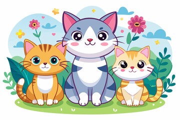 Fototapeta premium Three Adorable Cartoon Cats Sitting in a Garden