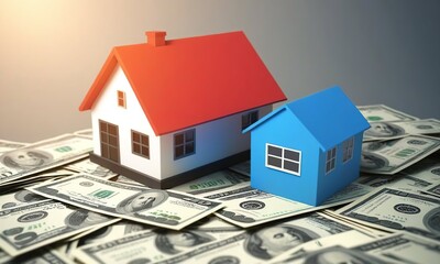 House miniature. Real estate about investment and saving currency for property. Toy miniature with money as the ground.
